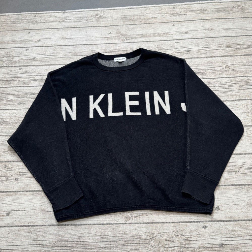 Calvin Klein Sweater Women's Large Black Logo Batwing Cotton Pullover Oversized